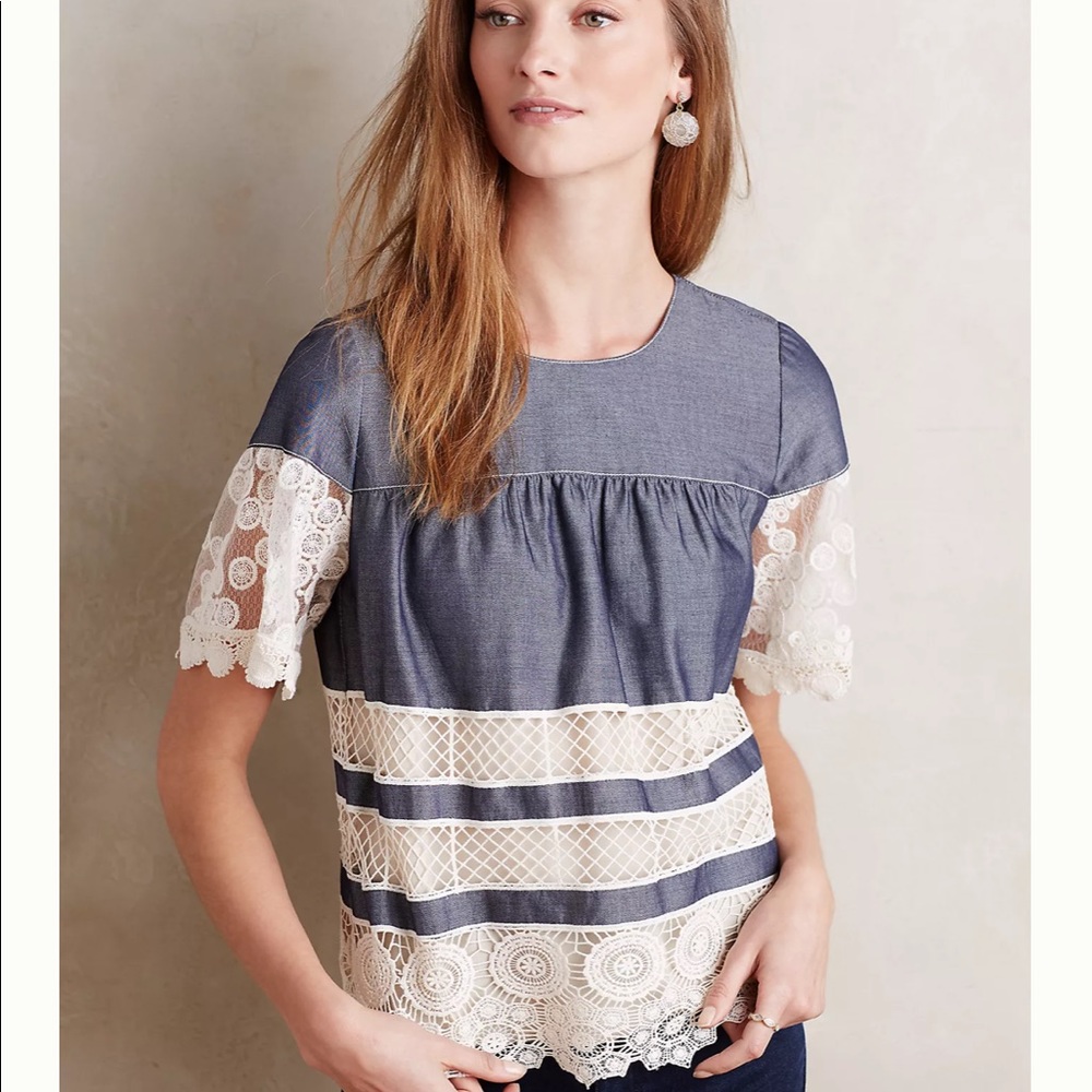 RARE - Anna Sui Lace-Dipped Chambray Top